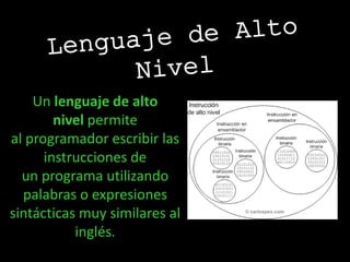 Un lenguaje de alto
nivel permite
al programador escribir las
instrucciones de
un programa utilizando
palabras o expresiones
sintácticas muy similares al
inglés.
 