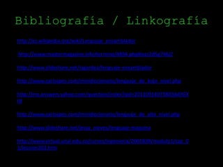 Bibliografía / Linkografía
http://es.wikipedia.org/wiki/Lenguaje_ensamblador
http://www.mastermagazine.info/termino/4894.php#ixzz2d5g746JZ
http://www.slideshare.net/iagardea/lenguaje-ensamblador
http://www.carlospes.com/minidiccionario/lenguaje_de_bajo_nivel.php
http://mx.answers.yahoo.com/question/index?qid=20110914073803AAYGX
tB
http://www.carlospes.com/minidiccionario/lenguaje_de_alto_nivel.php
http://www.slideshare.net/jessy_nieves/lenguaje-maquina
http://www.virtual.unal.edu.co/cursos/ingenieria/2001839/modulo1/cap_0
1/leccion202.htm
 