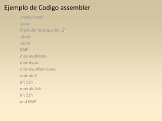 Ejemplo de Codigo assembler
    .model small
    .data
    mens db 'hola que tal!.$'
    .stack
    .code
    EMP:
    mov ax,@data
    mov ds,ax
    mov dx,offset mens
    mov ah,9
    int 21h
    mov ah,4ch
    int 21h
    end EMP
 