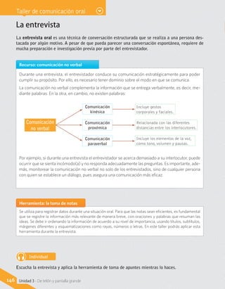 Taller de comunicación oral
Herramienta: la toma de notas
Se utiliza para registrar datos durante una situación oral. Para que las notas sean eficientes, es fundamental
que se registre la información más relevante de manera breve, con oraciones y palabras que resuman las
ideas. Se debe ir ordenando la información de acuerdo a su nivel de importancia, usando títulos, subtítulos,
márgenes diferentes y esquematizaciones como rayas, números o letras. En este taller podrás aplicar esta
herramienta durante la entrevista.
Individual
Escucha la entrevista y aplica la herramienta de toma de apuntes mientras lo haces.
146 Unidad 3 - De telón y pantalla grande
La entrevista
La entrevista oral es una técnica de conversación estructurada que se realiza a una persona des-
tacada por algún motivo. A pesar de que pueda parecer una conversación espontánea, requiere de
mucha preparación e investigación previa por parte del entrevistador.
Recurso: comunicación no verbal
Durante una entrevista, el entrevistador conduce su comunicación estratégicamente para poder
cumplir su propósito. Por ello, es necesario tener dominio sobre el modo en que se comunica.
La comunicación no verbal complementa la información que se entrega verbalmente, es decir, me-
diante palabras. En la otra, en cambio, no existen palabras:
Por ejemplo, si durante una entrevista el entrevistador se acerca demasiado a su interlocutor, puede
ocurrir que se sienta incómodo(a) y no responda adecuadamente las preguntas. Es importante, ade-
más, monitorear la comunicación no verbal no solo de los entrevistados, sino de cualquier persona
con quien se establece un diálogo, pues asegura una comunicación más eficaz.
Incluye gestos
corporales y faciales.
Relacionada con las diferentes
distancias entre los interlocutores.
Incluye los elementos de la voz,
como tono, volumen y pausas.
Comunicación
kinésica
Comunicación
proxémica
Comunicación
paraverbal
Comunicación
no verbal
 
