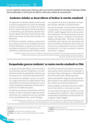 Incidentes aislados se desarrollaron al finalizar la marcha estudiantil
Se registraron incidentes aislados al término de
la marcha estudiantil en el centro de Santiago
que fue convocada por la Confech, la Cones y
la Aces. Fueron más de 60 mil los secundarios
y universitarios que participaron de esta movi-
lización desde Plaza Italia hasta Estación Ma-
pocho, para exigir cambios estructurales en la
educación.
Al finalizar la marcha, mientras se desarrolla-
ba un acto cultural en las inmediaciones de la
Estación Mapocho, un grupo menor de enca-
puchados se enfrentó a Carabineros, derribó
semáforos y señalizaciones de tránsito y atacó
a un piquete1
de Fuerzas Especiales con bom-
bas molotov, dejando a un policía herido.
Durante la jornada, la vocera de la Asamblea
Coordinadora de Estudiantes Secundarios
(ACES), Isabel Salgado, llamó a los secunda-
rios a radicalizar2
las movilizaciones, junto con
ocupar más liceos, y emplazó3
a los precan-
didatos presidenciales. “Decirles a todos los
candidatos que ninguno nos representa, que
este movimiento es autónomo, por lo tanto, no
nos sirven sus propuestas si no van a cambiar
la educación, si no van a cambiar el sistema
estructural”, aseguró.
Incidentes aislados se desarrollaron al finalizar marcha estudiantil. ADN Radio Chile. Recuperado el 16 de junio de 2013,
de http://www.adnradio.cl/noticias/nacional/incidentes-aislados-se-desarrollaron-al-finalizar-la-marcha-
estudiantil/20130613/nota/1915459.aspx
Encapuchados generan incidentes4
en masiva marcha estudiantil en Chile
Un grupo de encapuchados, como en ocasio-
nes anteriores, provocó incidentes en la multi-
tudinaria marcha de estudiantes chilenos, que
concluyeron con una fuerte represión policial.
Los actos de los vándalos5
, ajenos a los alum-
nos, según advierten los organizadores de la
movilización, comenzaron cuando aún no con-
cluía la medida de protesta por cambios estruc-
turales en el modelo educativo.
Se estima que decenas de jóvenes están de-
tenidos en estos momentos luego de enfren-
tamientos con carabineros que usó, también
como hace habitualmente, carros lanzagua.
Unos 80 mil jóvenes participaron en esta pro-
testa pacífica que transitó por la Alameda, la
principal arteria santiaguina, en demanda de
educación pública de calidad y gratuita.
Líderes estudiantiles aseguran que solo hacién-
dose visibles en las calles será posible alcanzar
los cambios que necesita la educación.
Sobre esa base, los alumnos llamaron a radica-
lizar el movimiento y a tomarse los liceos.
“La única forma de generar cambios va a ser
la organización estudiantil”, dijo la vocera de
la Asamblea Coordinadora de Estudiantes Se-
cundarios, Isabel Salgado.
Encapuchados generan incidentes en masiva marcha estudiantil en Chile. Prensa Latina. Recuperado el 16 de junio de 2013,
de http://www.prensa-latina.cu/index.php?option=com_content&task=view&idioma=1&id=1511861&Itemid=1
Recuerdaqueloscontenidosdelossitioswebpuedencambiar.
Contenido no literario
1 piquete: grupo poco numeroso de soldados u otro tipo de
uniformados.
2 radicalizar: llevar al extremo una postura o tesis.
3 emplazar: dar a alguien un tiempo determinado para que haga
algo.
4 incidente: enfrentamiento, riña.
5 vándalo: persona que actúa con brutalidad, violencia y espíritu
destructor.
236 Unidad 5 - Yo hablo del mundo
Lee las siguientes noticias que informan sobre una marcha estudiantil realizada en Santiago.Ambas
fueron publicadas el 13 de junio de 2013 en diferentes medios de comunicación.
 
