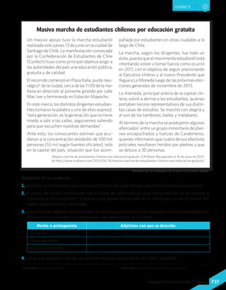 Masiva marcha de estudiantes chilenos por educación gratuita
Un masivo apoyo tuvo la marcha estudiantil
realizada este jueves 13 de junio en la ciudad de
Santiago de Chile. La manifestación convocada
por la Confederación de Estudiantes de Chile
(Confech) tuvo como principal objetivo exigir a
las autoridades del país una educación pública,
gratuita y de calidad.
El recorrido comenzó en Plaza Italia, punto neu-
rálgico6
de la ciudad, cerca de las 11:00 de la ma-
ñana en dirección al poniente girando por calle
Mac Iver y terminando en Estación Mapocho.
En este marco, los distintos dirigentes estudian-
tiles tomaron la palabra y uno de ellos expresó:
“esta generación, es la generación que no tiene
miedo a salir a las calles, seguiremos saliendo
para que escuchen nuestras demandas”.
Ante esto, los convocantes estiman que acu-
dieron a la concentración alrededor de 100 mil
personas (55 mil según fuentes oficiales), solo
en la capital del país, situación que fue acom-
pañada por estudiantes en otras ciudades a lo
largo de Chile.
La marcha, según los dirigentes, fue todo un
éxito, puesto que el movimiento estudiantil está
intentando volver a tomar fuerza como ocurrió
en 2011, con el objetivo de seguir presionando
al Ejecutivo chileno y al nuevo Presidente que
llegue a La Moneda luego de las próximas elec-
ciones generales de noviembre de 2013.
La Alameda, principal arteria de la capital chi-
lena, volvió a abrirse a los estudiantes, quienes
portaban lienzos representativos de sus distin-
tas casas de estudios. Se marchó con alegría y
al son de los tambores, bailes y malabares.
Al término de la marcha se produjeron algunos
altercados7
entre un grupo minoritario de jóve-
nes encapuchados y fuerzas de Carabineros,
quienes informaron que cuatro de sus efectivos
policiales resultaron heridos por piedras y que
se detuvo a 30 personas.
Masiva marcha de estudiantes chilenos por educación gratuita. ICN Diario. Recuperado el 16 de junio de 2013,
de http://www.icndiario.com/2013/06/14/masiva-marcha-de-estudiantes-chilenos-por-educacion-gratuita/
Responde en tu cuaderno.
1.	 Analiza la información que comunica el título de cada noticia. ¿Qué hecho destaca cada texto?
2.	 A partir del hecho comunicado por el título de cada noticia, ¿qué interpretación de la marcha se
comunica a los receptores? Explica cómo puede influir esto en la visión que un lector puede for-
marse sobre el hecho informado.
3.	 Identifica los adjetivos que cada noticia utiliza para referirse a los siguientes hechos y protagonistas.
Responde en tu cuaderno completando una tabla como la siguiente:
Hecho o protagonista Adjetivos con que se describe
La marcha
Los encapuchados
Actuar de Carabineros
4.	 ¿Con qué propósito dos de las noticias rescatan las palabras de Isabel Salgado?
Recuerda que los contenidos de los sitios web pueden cambiar.
Unidad 5
6 neurálgico: principal, central. 7 altercado: disputa o discusión fuerte o violenta.
237Lenguaje y Comunicación 7°básico
 
