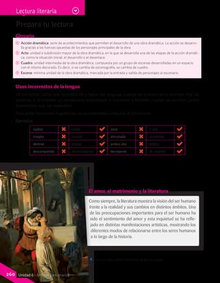 Glosario
CC Acción dramática: serie de acontecimientos que permiten el desarrollo de una obra dramática. La acción se desarro-
lla gracias a las fuerzas opuestas de los personajes principales de la obra.
CC Acto: unidad o subdivisión mayor de la obra dramática, en la que se desarrolla una de las etapas de la acción dramáti-
ca, como la situación inicial, el desarrollo o el desenlace.
CC Cuadro: unidad intermedia de la obra dramática, compuesta por un grupo de escenas desarrolladas en un espacio
con el mismo decorado. Es decir, si se cambia de escenografía, se cambia de cuadro.
CC Escena: mínima unidad de la obra dramática, marcada por la entrada y salida de personajes al escenario.
Usos incorrectos de la lengua
Se entienden como una incorrección o faltas del lenguaje cuando se pronuncian o escriben mal las
palabras, o al emplear un vocabulario inapropiado o impreciso y también cuando se escriben juntas
expresiones que van separadas.
Para evitar los errores lingüísticos, es recomendable consultar el diccionario.
Ejemplos:
nadien nadie osea o sea
insepto insecto almuhada almohada
dentrar entrar ambos dos ambos
descomponido descompuesto derrepente de repente
Prepara tu lectura
Francesco Hayez (1823). El último beso de Romeo a Julieta.
Como siempre, la literatura muestra la visión del ser humano
frente a la realidad y sus cambios en distintos ámbitos. Una
de las preocupaciones importantes para el ser humano ha
sido el sentimiento del amor y esta inquietud se ha refle-
jado en distintas manifestaciones artísticas, mostrando los
diferentes modos de relacionarse entre los seres humanos
a lo largo de la historia.
El amor, el matrimonio y la literatura
Lectura literaria
260 Unidad 6 - Amores y escenarios
 