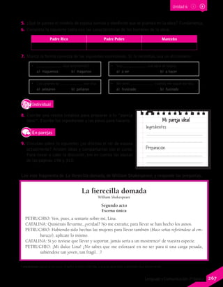 Lee este fragmento de La fierecilla domada, de William Shakespeare, y responde las preguntas.
5.	 ¿Qué te parece el modelo de esposa sumisa y obediente que se plantea en la obra? Fundamenta.
6.	 Completa la siguiente tabla con las características de los hombres de la obra.
Padre Rico Padre Pobre Mancebo
7.	 Marca la forma correcta de las siguientes expresiones. Si lo necesitas, usa un diccionario:
•	 ¿ algo entretenido?
a)	Haguemos b)	Hagamos
•	 Los jóvenes se por ella.
a)	pelearon b)	peliaron
•	 Voy una obra de teatro.
a)	 a ser b)	 a hacer
•	 Me sentí cuando me saqué ese dos.
a)	frustrado b)	fustrado
IndividualD
RE
F
T
8.	 Escribe una receta creativa para preparar a tu “pareja
ideal”. Escribe los ingredientes y los pasos para hacerlo.
En parejas
9.	 Discutan sobre lo siguiente: ¿es distinto el rol de esposa
actualmente? Anoten ideas y compártanlas con el curso.
Para llevar a cabo la discusión, ten en cuenta las pautas
de las páginas 198 y 310.
La fierecilla domada
William Shakespeare
Segundo acto
Escena única
PETRUCHIO: Ven, pues, a sentarte sobre mí, Lina.
CATALINA: Quisiérais llevarme, ¿verdad? No me extraña; para llevar se han hecho los asnos.
PETRUCHIO: Habiendo sido hechas las mujeres para llevar también (Hace señas refiriéndose al em-
barazo), aplícate lo mismo.
CATALINA: Si yo tuviese que llevar y soportar, jamás sería a un mostrenco1
de vuestra especie.
PETRUCHIO: ¡Mi dulce Lina! ¿No sabes que me esforzaré en no ser para ti una carga pesada,
sabiéndote tan joven, tan frágil…?
Mi pareja ideal
Ingredientes:
Preparación
1 mostrenco: persona sin casa, ni señor o amo conocido, o que es ignorante o aprende muy lentamente.
Unidad 6
267Lenguaje y Comunicación 7º básico
 