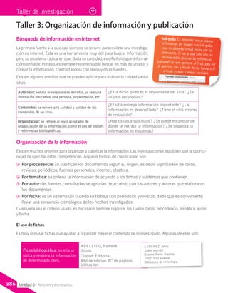 Taller de investigación
Taller 3: Organización de información y publicación
Búsqueda de información en internet
La primera fuente a la que casi siempre se recurre para realizar una investiga-
ción es internet. Esta es una herramienta muy útil para buscar información,
pero su problema radica en que, dada su cantidad, es difícil distiguir informa-
ción confiable. Por eso, es siempre recomendable buscar en más de un sitio y
cotejar la información, contrastándola con libros y otras fuentes.
Existen algunos criterios que se pueden aplicar para evaluar la calidad de los
sitios:
Autoridad: señala al responsable del sitio, ya sea una
institución educativa, una persona, organización, etc.
¿Está dicho quién es el responsable del sitio? ¿Es
un sitio reconocido?
Contenidos: se refiere a la calidad y validez de los
contenidos de un sitio.
¿El sitio entrega información importante? ¿La
información es desarrollada? ¿Tiene el sitio errores
de redacción?
Organización: se refiere al nivel aceptable de
organización de la información, como el uso de índices
y referencias bibliográficas.
¿Hay títulos y subtítulos? ¿Se puede encontrar de
dónde se extrajo la información? ¿Se organiza la
información en esquemas?
Organización de la información
Existen muchos criterios para organizar y clasificar la información. Las investigaciones escolares son la oportu-
nidad de ejercitar estas competencias. Algunas formas de clasificación son:
CC Por procedencia: se clasifican los documentos según su origen, es decir, si proceden de libros,
revistas, periódicos, fuentes personales, internet, etcétera.
CC Por temática: se ordena la información de acuerdo a los temas y subtemas que contienen.
CC Por autor: las fuentes consultadas se agrupan de acuerdo con los autores y autoras que elaboraron
los documentos.
CC Por fecha: es un sistema útil cuando se trabaja con periódicos y revistas, dado que es conveniente
llevar una secuencia cronológica de los hechos investigados.
Cualquiera sea el criterio usado, es necesario siempre registrar los cuatro datos: procedencia, temática, autor
y fecha.
El uso de fichas
Es muy útil usar fichas que ayudan a organizar mejor el contenido de lo investigado. Algunas de ellas son:
Wikipedia: Es imposible buscar algunainformación sin toparse con Wikipedia,una enciclopedia virtual hecha por loscibernautas. Si vas a usar este sitio, esrecomendable observar las referenciasbibliográficas que aparecen al final, para verde qué tipo son y decidir de esa forma si elartículo es más o menos confiable.
Ficha bibliográfica: en ella se
ubica y registra la información
de determinado libro.
APELLIDO, Nombre.
Título.
Ciudad: Editorial.
Año de edición. N° de páginas.
Ubicación.
SÁNCHEZ, Jesús
Saber escribir
Buenos Aires: Aguilar.
2007. 520 páginas.
Biblioteca de mi colegio.
286 Unidad 6 - Amores y escenarios
 