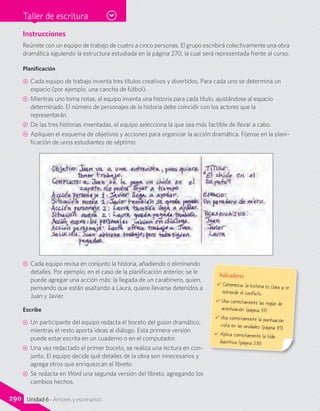 Taller de escritura
Instrucciones
Reúnete con un equipo de trabajo de cuatro a cinco personas. El grupo escribirá colectivamente una obra
dramática siguiendo la estructura estudiada en la página 270, la cual será representada frente al curso.
Planificación
CC Cada equipo de trabajo inventa tres títulos creativos y divertidos. Para cada uno se determina un
espacio (por ejemplo, una cancha de fútbol).
CC Mientras uno toma notas, el equipo inventa una historia para cada título, ajustándose al espacio
determinado. El número de personajes de la historia debe coincidir con los actores que la
representarán.
CC De las tres historias inventadas, el equipo selecciona la que sea más factible de llevar a cabo.
CC Apliquen el esquema de objetivos y acciones para organizar la acción dramática. Fíjense en la plani-
ficación de unos estudiantes de séptimo:
CC Cada equipo revisa en conjunto la historia, añadiendo o eliminando
detalles. Por ejemplo, en el caso de la planificación anterior, se le
puede agregar una acción más: la llegada de un carabinero, quien,
pensando que están asaltando a Laura, quiere llevarse detenidos a
Juan y Javier.
Escribe
CC Un participante del equipo redacta el boceto del guion dramático,
mientras el resto aporta ideas al diálogo. Esta primera versión
puede estar escrita en un cuaderno o en el computador.
CC Una vez redactado el primer boceto, se realiza una lectura en con-
junto. El equipo decide qué detalles de la obra son innecesarios y
agrega otros que enriquezcan el libreto.
CC Se redacta en Word una segunda versión del libreto, agregando los
cambios hechos.
Indicadores
✔	Coherencia: la historia es clara y se
entiende el conflicto.
✔	Usa correctamente las reglas de
acentuación (página 33).
✔	Usa correctamente la puntuación
vista en las unidades (página 85).
✔	Aplica correctamente la tilde
diacrítica (página 281).
290 Unidad 6 - Amores y escenarios
 