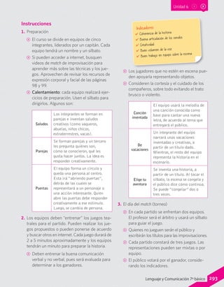 Unidad 6
Instrucciones
1.	Preparación
CC El curso se divide en equipos de cinco
integrantes, liderados por un capitán. Cada
equipo tendrá un nombre y un silbato.
CC Si pueden acceder a internet, busquen
videos de match de improvisación para
aprender más sobre las técnicas y los jue-
gos. Aprovechen de revisar los recursos de
expresión corporal y facial de las páginas
98 y 99.
CC Calentamiento: cada equipo realizará ejer-
cicios de preparación. Usen el silbato para
dirigirlos. Algunos son:
Saludos
Los integrantes se forman en
parejas e inventan saludos
creativos (como vaqueros,
abuelas, niños chicos,
extraterrestres, vacas).
Parejas
Se forman parejas y un tercero
les pregunta quiénes son,
cómo se conocieron, qué les
gusta hacer juntos. La idea es
responder creativamente.
Puertas
El equipo forma un círculo y
queda una persona al centro.
Esta irá “abriendo puertas”,
detrás de las cuales se
representará a un personaje o
una acción interesante. Quien
abre las puertas debe responder
creativamente a ese estímulo.
Luego, se cambia de persona.
2.	Los equipos deben “entrenar” los juegos tea-
trales para el partido. Pueden realizar los jue-
gos propuestos o pueden ponerse de acuerdo
y buscar otros en internet. Cada juego durará de
2 a 5 minutos aproximadamente y los equipos
tendrán un minuto para preparar la historia.
CC Deben entrenar la buena comunicación
verbal y no verbal, pues será evaluada para
determinar a los ganadores.
CC Los jugadores que no estén en escena pue-
den apoyarla representando objetos.
CC Consideren la cortesía y el cuidado de los
compañeros, sobre todo evitando el trato
brusco o violento.
Canción
inventada
El equipo usará la melodía de
una canción conocida como
base para cantar una nueva
letra, de acuerdo al tema que
entregará el público.
De
vacaciones
Un integrante del equipo
narrará unas vacaciones
inventadas y creativas, a
partir de un título dado.
Mientras, el resto del equipo
representa la historia en el
escenario.
Elige tu
aventura
Se inventa una historia, a
partir de un título. Al tocar el
silbato, la escena se congela y
el público dice cómo continúa.
Se puede “congelar” dos o
tres veces.
3.	 El día del match (torneo)
CC En cada partido se enfrentan dos equipos.
El profesor será el árbitro y usará un silbato
para guiar el juego.
CC Quienes no jueguen serán el público y
escribirán los títulos para las improvisaciones.
CC Cada partido constará de tres juegos. Las
representaciones pueden ser mixtas o por
equipo.
CC El público votará por el ganador, conside-
rando los indicadores.
Indicadores
✔	Coherencia de la historia.
✔	Buena articulación de los sonidos.
✔	Creatividad.
✔	Buen volumen de la voz.
✔	Buen trabajo en equipo sobre la escena.
293Lenguaje y Comunicación 7º básico
 