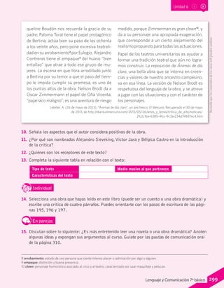 Unidad 6
queline Boudón nos recuerda la gracia de su
padre; Paloma Toral tiene el papel protagónico
de Bertina; actúa bien su paso de los ochenta
a los veinte años, pero pone excesiva teatrali-
dad en su arrobamiento8
por Eulogio. Alejandro
Contreras tiene el empaque9
del huaso “bien
entallao” que atrae a todo ese grupo de mu-
jeres. La escena en que llora arrodillado junto
a Bertina por su temor a que el paso del tiem-
po le impida cumplir su promesa, es uno de
los puntos altos de la obra. Nelson Brodt da a
Oscar Zimmermann el papel de Oña Vicenta,
“pajarraco maligno”; es una aventura de riesgo
medido, porque Zimmerman es gran clown10
, y
da a su personaje una apropiada exageración,
que corresponde a un cierto alejamiento del
realismo propuesto para todas las actuaciones.
Papel de los teatros universitarios es ayudar a
formar una tradición teatral que aún no logra-
mos construir. La reposición de Ánimas de día
claro, una bella obra que se interna en creen-
cias y valores de nuestro ancestro campesino,
va en esa línea. La versión de Nelson Brodt es
respetuosa del lenguaje de la obra, y se atreve
a jugar con las situaciones y con el carácter de
los personajes.
Letelier, A. (26 de mayo de 2013). “Ánimas de día claro”, un aire fresco. El Mercurio. Recuperado el 30 de mayo
de 2013, de http://diario.elmercurio.com/2013/05/26/artes_y_letras/critica_de_arte/noticias/
2fc2c1ba-6385-4fcc-9c3a-234d749d7ec4.htm
10.	 Señala los aspectos que el autor considera positivos de la obra.
11.	 ¿Por qué son nombrados Alejandro Sieveking,Víctor Jara y Bélgica Castro en la introducción
de la crítica?
12.	 ¿Quiénes son los receptores de este texto?
13.	 Completa la siguiente tabla en relación con el texto:
Tipo de texto Medio masivo al que pertenece
Características del texto
IndividualD
RE
F
T
14.	 Selecciona una obra que hayas leído en este libro (puede ser un cuento o una obra dramática) y
escribe una crítica de cuatro párrafos. Puedes orientarte con los pasos de escritura de las pági-
nas 195, 196 y 197.
En parejas
15.	 Discutan sobre lo siguiente: ¿Es más entretenido leer una novela o una obra dramática? Anoten
algunas ideas y expongan sus argumentos al curso. Guíate por las pautas de comunicación oral
de la página 310.
8 arrobamiento: estado de una persona que siente intenso placer o admiración por algo o alguien.
9 empaque: distinción y buena presencia.
10 clown: personaje humorístico asociado al circo y al teatro, caracterizado por usar maquillaje y pelucas.
Recuerdaqueloscontenidosdelossitioswebpuedencambiar.
299Lenguaje y Comunicación 7º básico
 