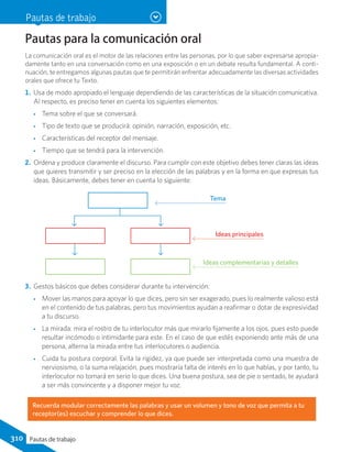 Pautas de trabajo
Pautas para la comunicación oral
La comunicación oral es el motor de las relaciones entre las personas, por lo que saber expresarse apropia-
damente tanto en una conversación como en una exposición o en un debate resulta fundamental. A conti-
nuación, te entregamos algunas pautas que te permitirán enfrentar adecuadamente las diversas actividades
orales que ofrece tu Texto.
1.	Usa de modo apropiado el lenguaje dependiendo de las características de la situación comunicativa.
Al respecto, es preciso tener en cuenta los siguientes elementos:
•• Tema sobre el que se conversará.
•• Tipo de texto que se producirá: opinión, narración, exposición, etc.
•• Características del receptor del mensaje.
•• Tiempo que se tendrá para la intervención.
2.	Ordena y produce claramente el discurso. Para cumplir con este objetivo debes tener claras las ideas
que quieres transmitir y ser preciso en la elección de las palabras y en la forma en que expresas tus
ideas. Básicamente, debes tener en cuenta lo siguiente:
Tema
Ideas principales
Ideas complementarias y detalles
3.	 Gestos básicos que debes considerar durante tu intervención:
•• Mover las manos para apoyar lo que dices, pero sin ser exagerado, pues lo realmente valioso está
en el contenido de tus palabras, pero tus movimientos ayudan a reafirmar o dotar de expresividad
a tu discurso.
•• La mirada: mira el rostro de tu interlocutor más que mirarlo fijamente a los ojos, pues esto puede
resultar incómodo o intimidante para este. En el caso de que estés exponiendo ante más de una
persona, alterna la mirada entre tus interlocutores o audiencia.
•• Cuida tu postura corporal. Evita la rigidez, ya que puede ser interpretada como una muestra de
nerviosismo, o la suma relajación, pues mostraría falta de interés en lo que hablas, y por tanto, tu
interlocutor no tomará en serio lo que dices. Una buena postura, sea de pie o sentado, te ayudará
a ser más convincente y a disponer mejor tu voz.
Recuerda modular correctamente las palabras y usar un volumen y tono de voz que permita a tu
receptor(es) escuchar y comprender lo que dices.
310 Pautas de trabajo
 