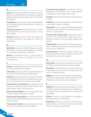 Glosario
A
Acento: elemento articulatorio mediante el cual se
destaca una sílaba dentro de la palabra o grupo de
palabras. Representación gráfica de ese elemento
articulatorio.
Acotaciones: instrucciones para la representación
de una obra dramática. Se presentan en cursivas y/o
entre paréntesis.
Artículo de opinión: texto periodístico en el cual el
autor expresa sus puntos de vista sobre un tema
determinado.
Audiencia: público que atiende los programas
de radio y televisión, o que asiste a un acto o un
espectáculo.
B
Barbarismo: uso incorrecto de la lengua en el cual se
pronuncian o escriben mal las palabras, o se emplea
un vocabulario inapropiado o impreciso.
Barroco: movimiento artístico y cultural que se
desarrolló en Europa en los siglos XVI y XVII,
principalmente.
C
Clímax: fin del desarrollo y punto de máxima tensión
en una obra dramática o narrativa.
Coherencia: orden que deben guardar las ideas en
el conjunto del texto para que tenga sentido.
Cohesión: relación gramatical, semántica y léxica
que se establece entre los enunciados que compo-
nen un texto para que se entienda como unidad.
Complemento circunstancial: complemento que
expresa circunstancias de la acción verbal, como
lugar, tiempo, modo, instrumento, etc.
Comunicación kinésica: tipo de comunicación que
incluye los gestos corporales y faciales.
Comunicación paraverbal: tipo de comunicación
que incluye los elementos de la voz, como tono, vo-
lumen y pausas.
Comunicación verbal: tipo comunicación humana
en la que los interlocutores usan la palabra.
Concordancia gramatical: coincidencia entre las
categorías que se refieren entre sí, como adjetivos
y sustantivos; verbo y sujeto, entre otros.
Conector: elemento que relaciona ideas dentro de
un texto.
Conflicto: oposición de dos fuerzas, cada una de las
cuales aspira a lograr un objetivo.
Convención: norma o práctica admitida tácitamente
entre dos o más personas, que responde a prece-
dentes o a la costumbre.
Conversación estructurada: forma discursiva en
que dos o más interlocutores interactúan y se in-
terpelan, siendo sus turnos de habla regulados por
alguien.
Correferencia: procedimiento de cohesión que con-
siste en repetir ideas dentro de un texto, usando dis-
tintos recursos lingüísticos.
Costumbrismo: tendencia o género literario que
presta especial atención a la descripción de las cos-
tumbres típicas de un país o región.
D
Descripción: forma básica expositiva que consiste
en señalar características de un animal u objeto.
Desenlace: situación final de una obra dramática
o narrativa, en la que se elimina el obstáculo y una
fuerza se impone a la otra.
Diálogo: en teatro, es la forma discursiva fundamen-
tal de la obra, que permite el desarrollo de la acción,
mediante la cual los personajes interactúan.
E
Editorial: texto periodístico argumentativo en el cual
se refleja la actitud o la opinión de un medio de co-
municación sobre un tema polémico o un hecho de
actualidad.
Énfasis: fuerza de la voz aplicada a una palabra o
frase para realzar su importancia.
Entonación: intención que se da al sonido de una
palabra, frase u oración para matizar su sentido,
emoción e, incluso, su significado.
316 Glosario
 