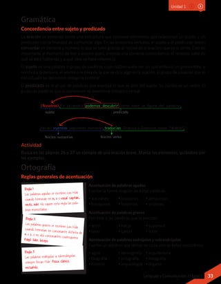 Actividad
Busca en las páginas 26 y 27 un ejemplo de una oración breve. Marca los elementos, guiándote por
los ejemplos.
Gramática
Concordancia entre sujeto y predicado
La oración se entiende como una estructura que contiene elementos que relacionan un sujeto y un
predicado con la finalidad de comunicar algo. En las oraciones verbales, el sujeto y el predicado deben
concordar en persona y número, lo que se sabe gracias al núcleo de la oración, que es el verbo. Esto es
importante al momento de leer y escribir pues, si existe una correcta concordancia, el receptor sabe de
qué se está hablando y a qué idea se hace referencia.
El sujeto es una palabra o grupo de palabras cuyo núcleo suele ser un sustantivo o un pronombre, y
nombra a la persona, el animal o la cosa de la que se dice algo en la oración. El grupo de palabras que lo
constituyen se denomina sintagma nominal.
El predicado es el grupo de palabras que expresa lo que se dice del sujeto. Su núcleo es un verbo. El
grupo de palabras que lo componen se denomina sintagma verbal.
Ortografía
Reglas generales de acentuación
Acentuación de palabras agudas
Escribe la forma singular de estas palabras:
• alacranes	 • presiones	 • almacenes
• botiquines	 • boletines	 • andenes
Acentuación de palabras graves
Pon tilde a las palabras que la precisen.
• arbol	 • nacar	 • superavit
• laser	 • carcel	 • roble
Acentuación de palabras esdrújulas y sobresdrújulas
Escribe un adjetivo que derive de cada uno de estos sustantivos.
• agua	 • demografía	 • arquitectura
• biografía	 • ortografía	 • fotografía
• historia	 • arqueología	 • órgano
(Nosotros) En la novela podemos descubrir cómo nace la figura del vampiro
sujeto predicado
Varias leyendas populares rumanas traducían Drácula o Draculea como “diablo”
Núcleo: sustantivo Núcleo: verbo
Regla 1
Las palabras agudas se escriben con tilde
cuando terminan en n, s o vocal: capitán,
revés, rubí. No siguen esta regla las pala-
bras monosílabas.
Regla 2
Las palabras graves se escriben con tildecuando terminan en consonante distinta den o s, o en dos consonantes cualesquiera:frágil, líder, bíceps.
Regla 3
Las palabras esdrújulas y sobresdrújulas
siempre llevan tilde: física, clásico,
revísatelo.
Unidad 1
33Lenguaje y Comunicación 7º básico
 