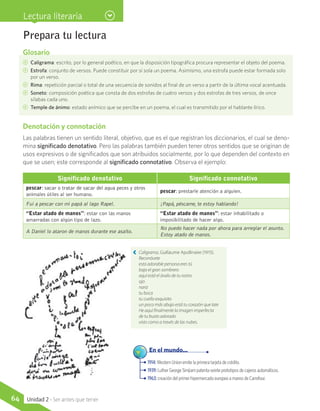 Glosario
CC Caligrama: escrito, por lo general poético, en que la disposición tipográfica procura representar el objeto del poema.
CC Estrofa: conjunto de versos. Puede constituir por sí sola un poema. Asimismo, una estrofa puede estar formada solo
por un verso.
CC Rima: repetición parcial o total de una secuencia de sonidos al final de un verso a partir de la última vocal acentuada.
CC Soneto: composición poética que consta de dos estrofas de cuatro versos y dos estrofas de tres versos, de once
sílabas cada uno.
CC Temple de ánimo: estado anímico que se percibe en un poema, el cual es transmitido por el hablante lírico.
Denotación y connotación
Las palabras tienen un sentido literal, objetivo, que es el que registran los diccionarios, el cual se deno-
mina significado denotativo. Pero las palabras también pueden tener otros sentidos que se originan de
usos expresivos o de significados que son atribuidos socialmente, por lo que dependen del contexto en
que se usen; este corresponde al significado connotativo. Observa el ejemplo:
Prepara tu lectura
1914: Western Union emite la primera tarjeta de crédito.
1939: Luther George Simjiam patenta veinte prototipos de cajeros automáticos.
1963: creación del primer hipermercado europeo a manos de Carrefour.
	 En el mundo...
Significado denotativo Significado connotativo
pescar: sacar o tratar de sacar del agua peces y otros
animales útiles al ser humano.
pescar: prestarle atención a alguien.
Fui a pescar con mi papá al lago Rapel. ¡Papá, péscame, te estoy hablando!
“Estar atado de manos”: estar con las manos
amarradas con algún tipo de lazo.
“Estar atado de manos”: estar inhabilitado o
imposibilitado de hacer algo.
A Daniel lo ataron de manos durante ese asalto.
No puedo hacer nada por ahora para arreglar el asunto.
Estoy atado de manos.
Caligrama, Guillaume Apollinaire (1915).
Reconócete
esta adorable persona eres tú
bajo el gran sombrero
aquí está el óvalo de tu rostro
ojo
nariz
tu boca
tu cuello exquisito
un poco más abajo está tu corazón que late
He aquí finalmente la imagen imperfecta
de tu busto adorado
visto como a través de las nubes.
Lectura literaria
64 Unidad 2 - Ser antes que tener
 