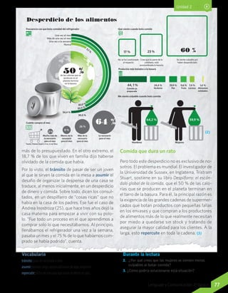 Unidad 2
más de lo presupuestado. En el otro extremo, el
18,7 % de los que viven en familia dijo haberse
olvidado de la comida que había.
Por lo visto, el tránsito de pasar de ser un joven
al que le sirven la comida en la mesa a asumir el
desafío de organizar la despensa de una casa se
traduce, al menos inicialmente, en un desperdicio
de dinero y comida. Sobre todo, dicen los consul-
tados, en un despilfarro de “cosas ricas” que no
había en la casa de los padres. Ese fue el caso de
Andrea Inostroza (25), que hace tres años dejó la
casa materna para empezar a vivir con su polo-
lo. “Fue todo un proceso en el que aprendimos a
comprar solo lo que necesitábamos. Al principio,
llenábamos el refrigerador una vez a la semana,
pasaba un mes y el 75 % de lo que habíamos com-
prado se había podrido”, cuenta.
Comida que dura un rato
Pero todo este desperdicio no es exclusivo de no-
sotros. El problema es mundial. El investigador de
la Universidad de Sussex, en Inglaterra, Tristram
Stuart, sostiene en su libro Despilfarro: el escán-
dalo global de la comida, que el 50 % de las calo-
rías que se producen en el planeta terminan en
el tarro de la basura. Para él, la principal razón es
la exigencia de las grandes cadenas de supermer-
cados que botan productos con pequeñas fallas
en los envases y que compran a los productores
de alimentos más de lo que realmente necesitan
por miedo a quedarse sin stock y tratando de
asegurar la mayor calidad para los clientes. A la
larga, esto repercute en toda la cadena. (3)
Durante la lectura
2.	 ¿Por qué crees que las mujeres se sienten menos
culpables al botar comida?
3. ¿Cómo podría solucionarse esta situación?
$
$
Desperdicio de los alimentos
50 %
64 %
60 %
50 %
Frecuencia con que bota comidad del refrigerador
Una vez al mes
Más de una vez al mes
Una vez a la semana
Nunca
Yogur
Cecinas
Queso
Pan de molde
Leche
Mayonesa
Pastas frescas
Otros
Qué siente cuando bota comida
Productos más botados a la basura
Me siento culpable cuando boto comida
Cuánto compra al mes
Alimentos que bo
Boto comida una
No se ha cuestionado
al respecto
Cree que es parte de lo
cotidiano, está
acostumbrado/a hacerlo
Se siente culpable por
haber desperdiciado
17 % 23 %
de las calorías que se
producen en el
planeta termina
en la basura
Frutas y
verduras
Comida ya
preparada
Qué ha dejado de
botarlo a la basu
44, 1 % 24,4 %
Verduras
19,9 %
Pan
9,6 %
Fruta
7,4 %
Lácteos
64,2 %
1,6 %
Alimentos
enlatados
59,9 %
Hombres Mujeres
Lo necesario
para el mes
Más de lo
necesario
para el mes
Mucho más de
lo necesario
para el mes
Fuente: Trisham Stuart y Croc, U. de Talca
Menos de lo
necesario
para el mes
34,4 %
30,5 %
30,5 %
30,0 %
5,1 %
26 %
8 %
2 % (2)
Vocabulario
tránsito: paso de un estado a otro.
asumir: hacerse cargo, responsabilizarse de algo, aceptarlo.
repercutir: dicho de una cosa que causa un efecto en otra.
77Lenguaje y Comunicación 7º básico
 