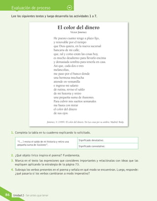 Evaluación de proceso
El color del dinero
Víctor Jiménez
He puesto cuanto tengo a plazo fijo,
y renovable por el tiempo
que Dios quiera, en la nueva sucursal
bancaria de mi calle;
que, tal y como están las cosas hoy,
es mucho desaliento para llevarlo encima
y demasiada sombra para tenerla en casa.
Así que, cada dos o tres
melancolías,
me paso por el banco donde
una hermosa muchacha
atiende en ventanilla
e ingreso mi salario
de rutina, reviso el saldo
de mi historia y retiro
una pequeña suma de ilusiones.
Para cubrir mis sueños semanales
me basta con mirar
el color del dinero
de sus ojos.
Jiménez, V. (1999). El color del dinero. En Las cosas por su sombra. Madrid: Rialp.
Lee los siguientes textos y luego desarrolla las actividades 1 a 7.
1.	 Completa la tabla en tu cuaderno explicando lo solicitado.
2.	 ¿Qué objeto lírico inspira el poema? Fundamenta.
3.	 Marca en el texto las expresiones que consideres importantes y relaciónalas con ideas que las
expliquen aplicando la estrategia de la página 73.
4.	 Subraya los verbos presentes en el poema y señala en qué modo se encuentran. Luego, responde:
¿qué pasaría si los verbos cambiaran a modo imperativo?
“[…] reviso el saldo de mi historia y retiro una
pequeña suma de ilusiones”.
Significado denotativo:
Significado connotativo:
86 Unidad 2 - Ser antes que tener
 