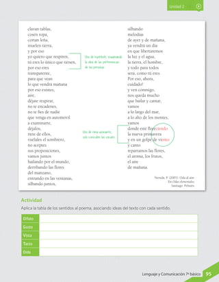 Unidad 2
clavan tablas,
cosen ropa,
cortan leña,
muelen tierra,
y por eso
yo quiero que respiren,
tú eres lo único que tienen,
por eso eres
transparente,
para que vean
lo que vendrá mañana
por eso existes,
aire,
déjate respirar,
no te encadenes,
no te fíes de nadie
que venga en automóvil
a examinarte,
déjalos,
ríete de ellos,
vuélales el sombrero,
no aceptes
sus proposiciones,
vamos juntos
bailando por el mundo,
derribando las flores
del manzano,
entrando en las ventanas,
silbando juntos,
silbando
melodías
de ayer y de mañana,
ya vendrá un día
en que libertaremos
la luz y el agua,
la tierra, el hombre,
y todo para todos
será, como tú eres.
Por eso, ahora,
cuidado!
y ven conmigo,
nos queda mucho
que bailar y cantar,
vamos
a lo largo del mar,
a lo alto de los montes,
vamos
donde esté floreciendo
la nueva primavera
y en un golpe de viento
y canto
repartamos las flores,
el aroma, los frutos,
el aire
de mañana.
Neruda, P. (2005). Oda al aire.
En Odas elementales.
Santiago: Pehuén.
Actividad
Aplica la tabla de los sentidos al poema, asociando ideas del texto con cada sentido.
Olfato
Gusto
Vista
Tacto
Oído
Uso de hipérbole, exagerando
la idea de las pertenencias
de las personas.
Uso de rima asonante;
solo coinciden las vocales.
95Lenguaje y Comunicación 7º básico
 