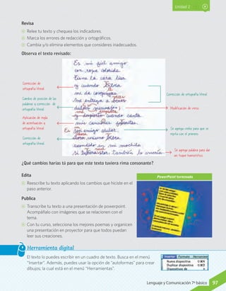 Unidad 2
Revisa
CC Relee tu texto y chequea los indicadores.
CC Marca los errores de redacción y ortográficos.
CC Cambia y/o elimina elementos que consideres inadecuados.
Observa el texto revisado:
¿Qué cambios harías tú para que este texto tuviera rima consonante?
Corrección de
ortografía literal.
Corrección de
ortografía literal.
Cambio de posición de las
palabras y corrección de
ortografía literal.
Corrección de ortografía literal.
Modificación de verso.
Aplicación de regla
de acentuación y
ortografía literal. Se agrega verbo para que se
repita con el primero.
Se agrega palabra para dar
un toque humorístico.
PowerPoint terminadoEdita
CC Reescribe tu texto aplicando los cambios que hiciste en el
paso anterior.
Publica
CC Transcribe tu texto a una presentación de powerpoint.
Acompáñalo con imágenes que se relacionen con el
tema.
CC Con tu curso, selecciona los mejores poemas y organicen
una presentación en proyector para que todos puedan
leer sus creaciones.
El texto lo puedes escribir en un cuadro de texto. Busca en el menú
“Insertar”. Además, puedes usar la opción de “autoformas” para crear
dibujos; la cual está en el menú “Herramientas”.
Herramienta digital
97Lenguaje y Comunicación 7º básico
 