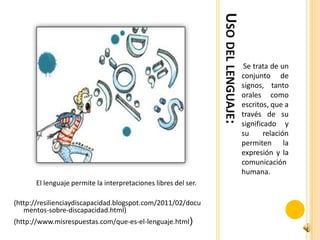 USO DEL LENGUAJE:
                                                                                     Se trata de un
                                                                                    conjunto de
                                                                                    signos, tanto
                                                                                    orales como
                                                                                    escritos, que a
                                                                                    través de su
                                                                                    significado y
                                                                                    su      relación
                                                                                    permiten la
                                                                                    expresión y la
                                                                                    comunicación
                                                                                    humana.
      El lenguaje permite la interpretaciones libres del ser.

(http://resilienciaydiscapacidad.blogspot.com/2011/02/docu
   mentos-sobre-discapacidad.html)
(http://www.misrespuestas.com/que-es-el-lenguaje.html)
 