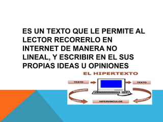 ES UN TEXTO QUE LE PERMITE AL
LECTOR RECORERLO EN
INTERNET DE MANERA NO
LINEAL, Y ESCRIBIR EN EL SUS
PROPIAS IDEAS U OPINIONES
 