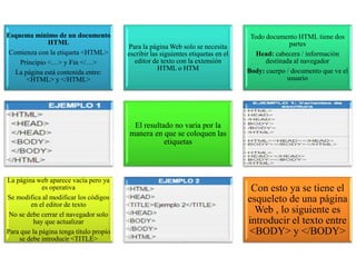 Esquema mínimo de un documento
HTML
Comienza con la etiqueta <HTML>
Principio <…> y Fin </…>
La página está contenida entre:
<HTML> y </HTML>
Para la página Web solo se necesita
escribir las siguientes etiquetas en el
editor de texto con la extensión
HTML o HTM
Todo documento HTML tiene dos
partes
Head: cabecera / información
destinada al navegador
Body: cuerpo / documento que ve el
usuario
El resultado no varia por la
manera en que se coloquen las
etiquetas
La página web aparece vacía pero ya
es operativa
Se modifica al modificar los códigos
en el editor de texto
No se debe cerrar el navegador solo
hay que actualizar
Para que la página tenga título propio
se debe introducir <TITLE>
Con esto ya se tiene el
esqueleto de una página
Web , lo siguiente es
introducir el texto entre
<BODY> y </BODY>
 