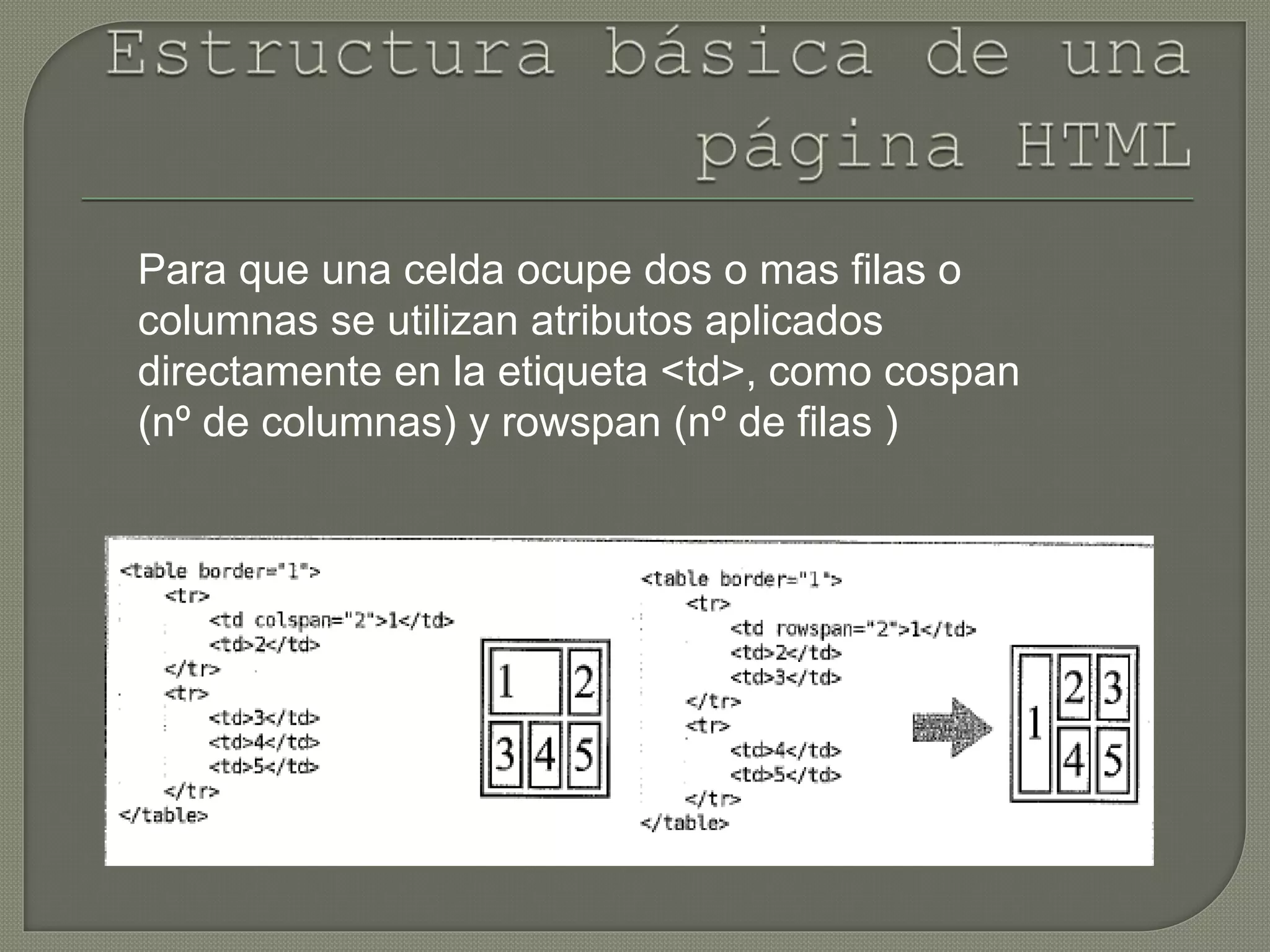 Para que una celda ocupe dos o mas filas o
columnas se utilizan atributos aplicados
directamente en la etiqueta <td>, como cospan
(nº de columnas) y rowspan (nº de filas )
 