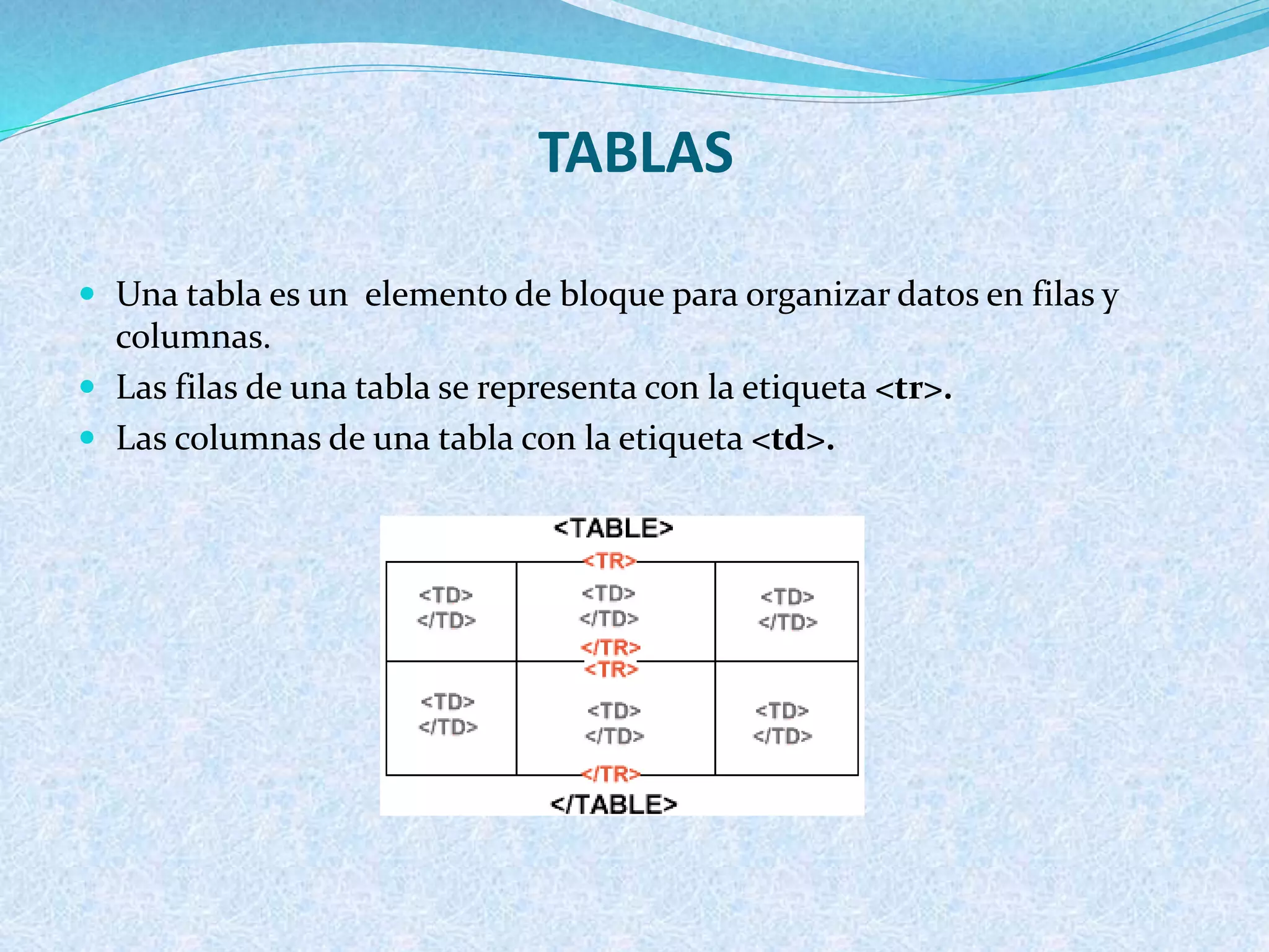TABLAS
 Una tabla es un elemento de bloque para organizar datos en filas y
columnas.
 Las filas de una tabla se representa con la etiqueta <tr>.
 Las columnas de una tabla con la etiqueta <td>.
 