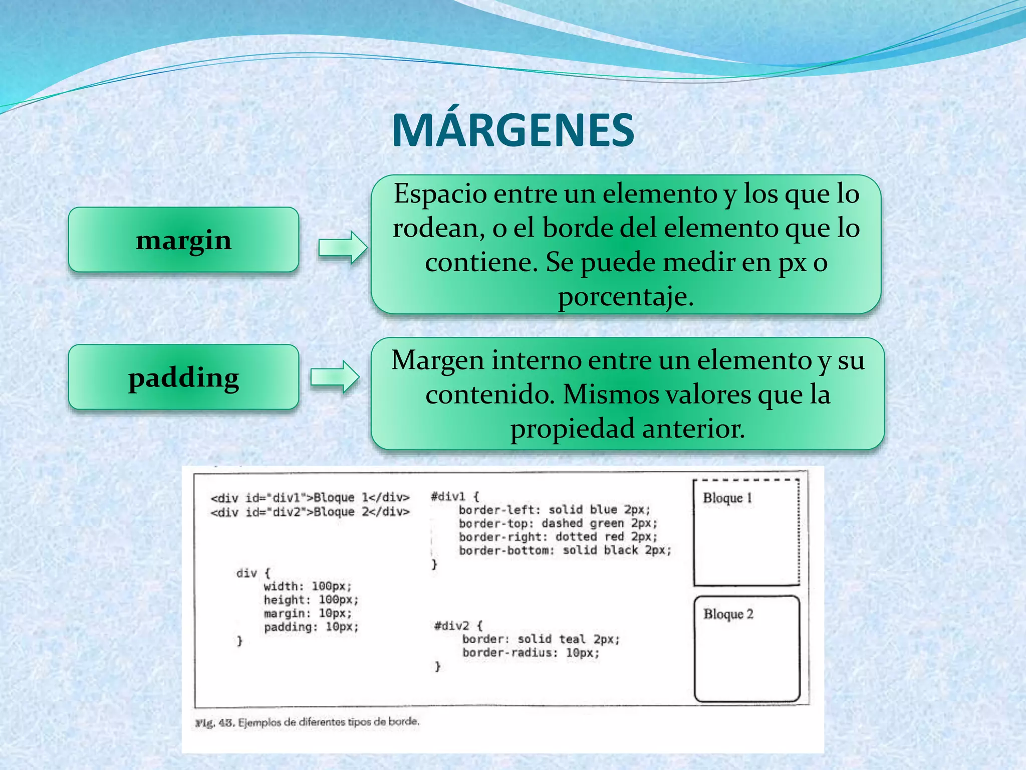 MÁRGENES
margin
Espacio entre un elemento y los que lo
rodean, o el borde del elemento que lo
contiene. Se puede medir en px o
porcentaje.
padding
Margen interno entre un elemento y su
contenido. Mismos valores que la
propiedad anterior.
 
