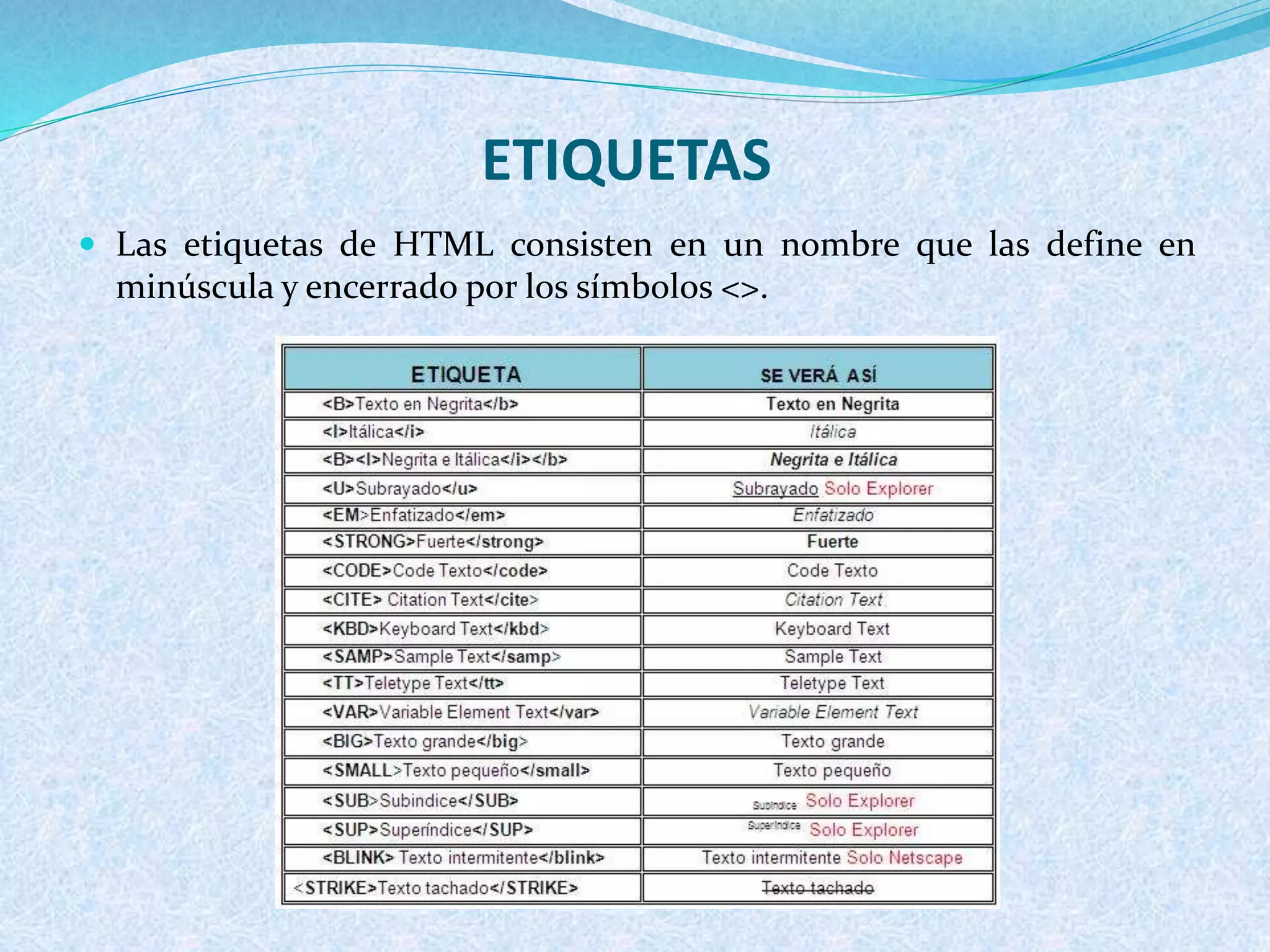 ETIQUETAS
 Las etiquetas de HTML consisten en un nombre que las define en
minúscula y encerrado por los símbolos <>.
 