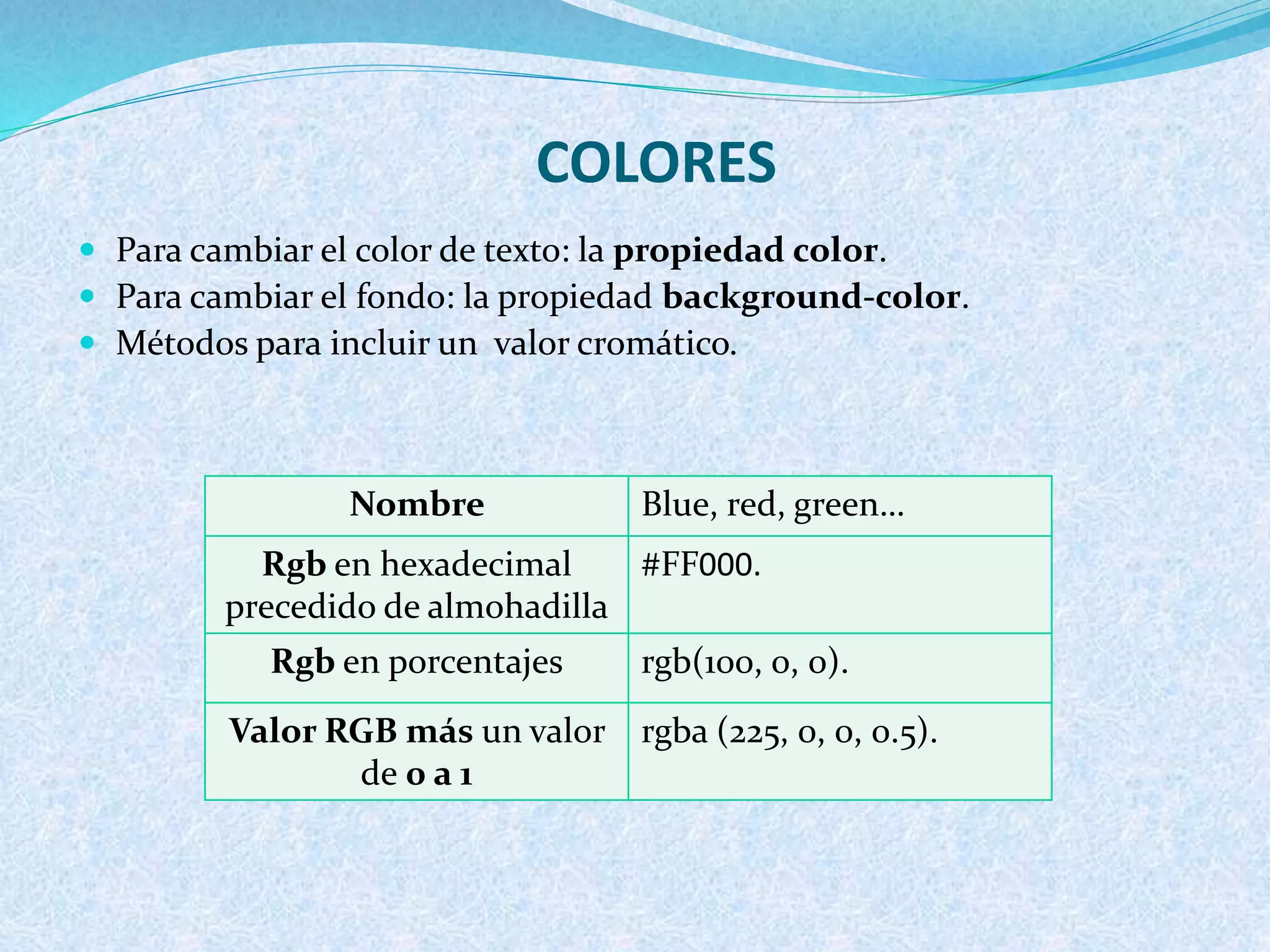 COLORES
 Para cambiar el color de texto: la propiedad color.
 Para cambiar el fondo: la propiedad background-color.
 Métodos para incluir un valor cromático.
Nombre Blue, red, green…
Rgb en hexadecimal
precedido de almohadilla
#FF000.
Rgb en porcentajes rgb(100, 0, 0).
Valor RGB más un valor
de 0 a 1
rgba (225, 0, 0, 0.5).
 