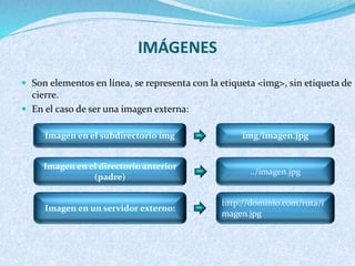 IMÁGENES
 Son elementos en línea, se representa con la etiqueta <img>, sin etiqueta de
cierre.
 En el caso de ser una imagen externa:
Imagen en el subdirectorio img
Imagen en un servidor externo:
img/imagen.jpg
http://dominio.com/ruta/i
magen.jpg
../imagen.jpg
Imagen en el directorio anterior
(padre)
 
