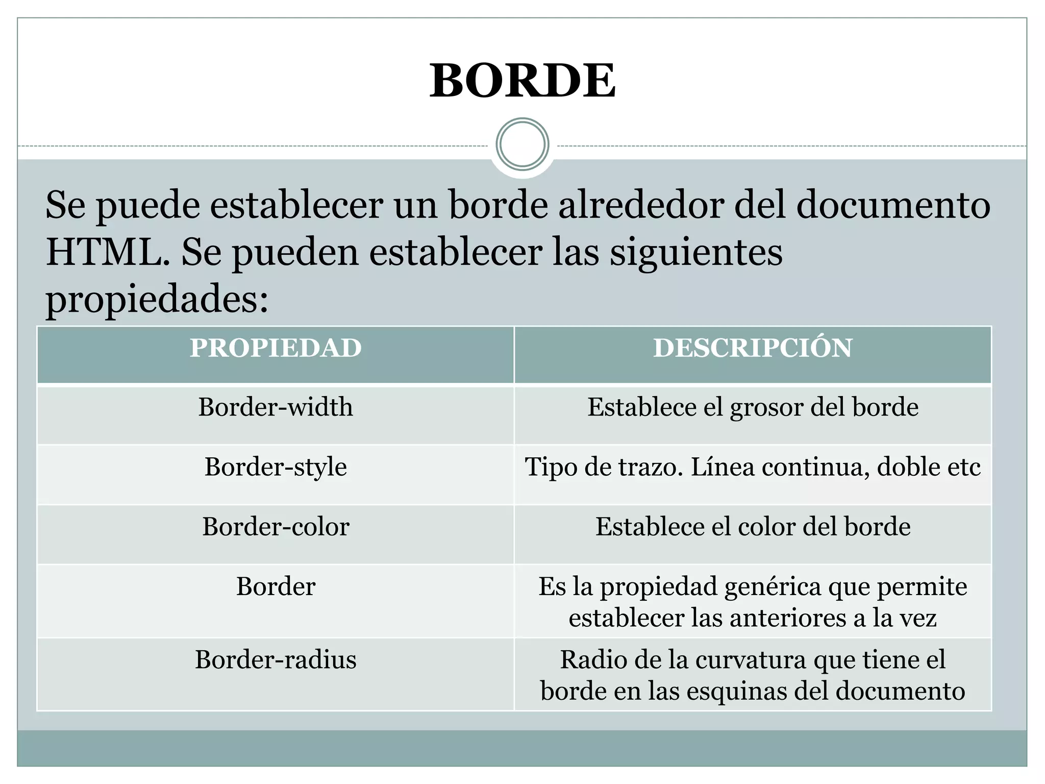 BORDE
Se puede establecer un borde alrededor del documento
HTML. Se pueden establecer las siguientes
propiedades:
PROPIEDAD DESCRIPCIÓN
Border-width Establece el grosor del borde
Border-style Tipo de trazo. Línea continua, doble etc
Border-color Establece el color del borde
Border Es la propiedad genérica que permite
establecer las anteriores a la vez
Border-radius Radio de la curvatura que tiene el
borde en las esquinas del documento
 