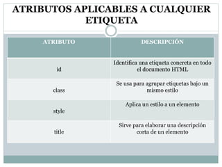 ATRIBUTOS APLICABLES A CUALQUIER
ETIQUETA
ATRIBUTO DESCRIPCIÓN
id
Identifica una etiqueta concreta en todo
el documento HTML
class
Se usa para agrupar etiquetas bajo un
mismo estilo
style
Aplica un estilo a un elemento
title
Sirve para elaborar una descripción
corta de un elemento
 