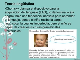 Teoría lingüística
•Chomsky plantea el dispositivo para la
adquisición del lenguaje (LAD), lo denomina «caja
negra» bajo una tendencia innatista para aprender
el lenguaje, donde el niño recibe la carga
lingüística, la cual es imperfecta, pero el niño es
capaz de crear estructuras gramaticales
universales.
 