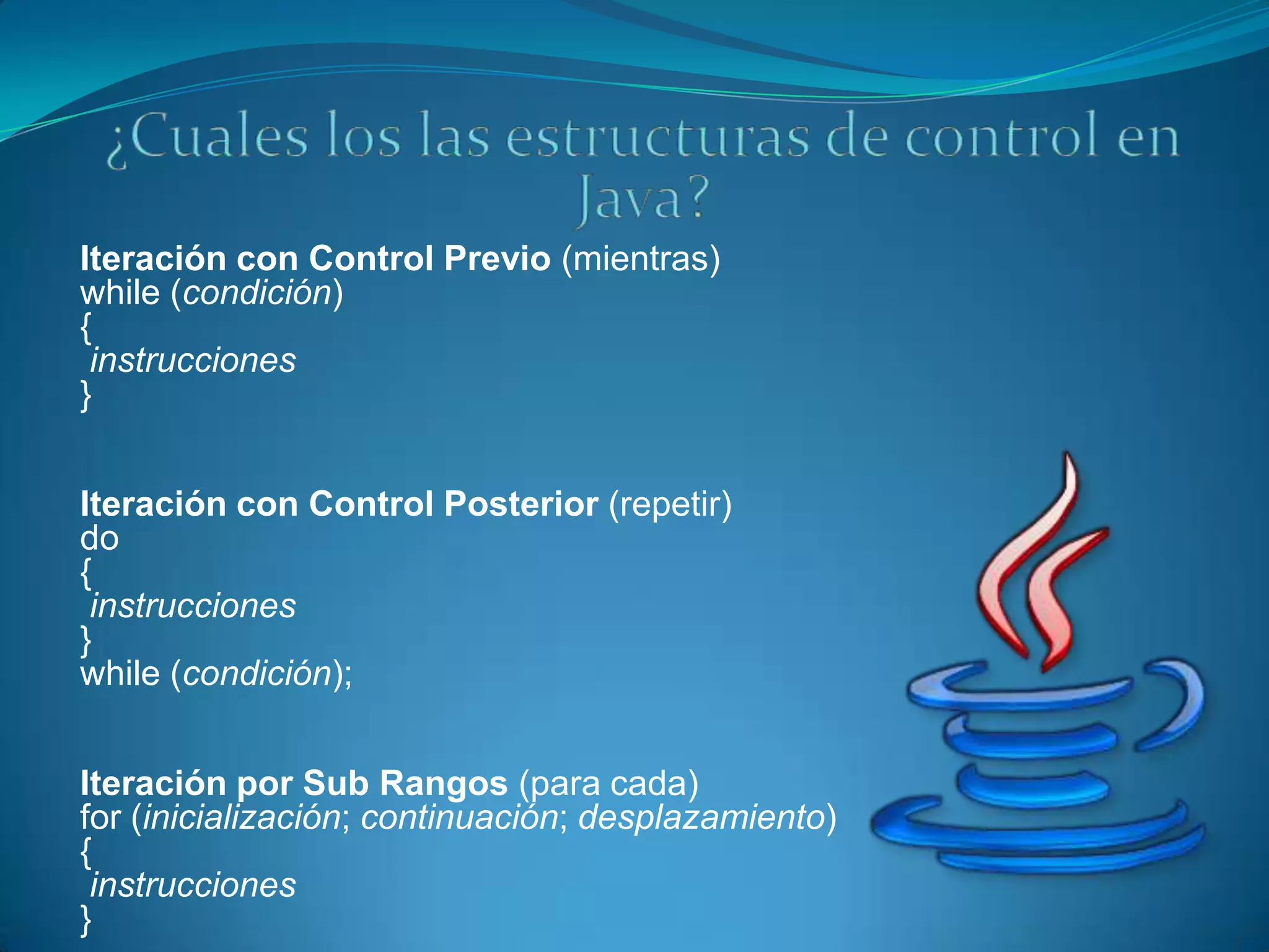 Iteración con Control Previo (mientras)
while (condición)
{
 instrucciones
}


Iteración con Control Posterior (repetir)
do
{
 instrucciones
}
while (condición);


Iteración por Sub Rangos (para cada)
for (inicialización; continuación; desplazamiento)
{
 instrucciones
}
 