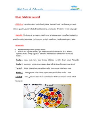8.Las Palabras Caracol

   Objetivo: Identificación de sílabas iguales, formación de palabras a partir de

sílabas iguales, desarrollar el vocabulario y aprender a divertirse con el lenguaje.


   Material: El dibujo de un caracol, palabras en tarjetas de papel pequeñas, (sustantivos

amarillos, adjetivos azules, verbos rojos) un lápiz, cuaderno y/o páginas de papel bond.


   Desarrollo:

  1. Proponer una palabra: ejemplo. mano.
  2. Buscar una segunda palabra que empiece con la última silaba de la primera.
   Ejemplo: mano-nota y seguir de la misma manera hasta terminar las vueltas del
   caracol.

    Vuelta 1. mano -nota- tapa- pato- tomate- teléfono - novillo- llorar- armar- Armando.

    Vuelta 2. domingo- goloso-sopa-pasado-doce-celeste-tener-Ernesto-tomar-àrbol

   Vuelta 3.     Olga- gata-tarima-maravilloso-solo- loma-mapa- pala-lana- nada.

    Vuelta 4 .    dama- masa- sala –lanza-zapato- tose- señal-alma- mala- Laura

   Vuelta 5.     rama. macana- nata- taza- Zamora-ralo- lodo-documento-tomar- árbol

   Ejemplo:
 