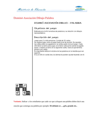 Dominó Asociación Dibujo-Palabra




Variante: Indicar a los estudiantes que cada vez que coloquen una palabra deben decir una

oración que contenga esa palabra por ejemplo: El elefante es ….gris, grande etc..
 