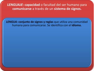 LENGUAJE: capacidad o facultad del ser humano para
   comunicarse a través de un sistema de signos.


LENGUA: conjunto de signos y reglas que utiliza una comunidad
    humana para comunicarse. Se identifica con el idioma.
 