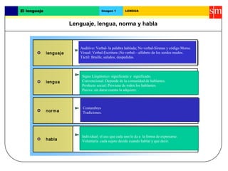 Lenguaje, lengua, norma y habla
El lenguaje Imagen 1 LENGUA
lenguaje
norma
habla
Es la capacidad de los seres humanos para comunicarse
entre sí por medio de signos.
Es el conjunto de reglas que regulan el buen uso de la
lengua.
Es el el empleo particular que un hablante concreto hace
de la lengua en una circunstancia de comunicación
determinada.
lengua
Es el sistema formado por los signos (orales o escritos) y
por las reglas de combinación que usan los hablantes de
una misma comunidad lingüística. El inglés, el español,
el gallego son lenguas.
Auditivo: Verbal- la palabra hablada; No verbal-Sirenas y código Morse.
Visual: Verbal-Escritura ;No verbal—alfabeto de los sordos mudos.
Táctil: Braille, saludos, despedidas.
Auditivo: Verbal- la palabra hablada; No verbal-Sirenas y código Morse.
Visual: Verbal-Escritura ;No verbal—alfabeto de los sordos mudos.
Táctil: Braille, saludos, despedidas.
Signo Lingüístico: significante y significado.
Convencional: Depende de la comunidad de hablantes.
Producto social: Proviene de todos los hablantes.
Pasiva: sin darse cuenta la adquiere. .
Individual: el uso que cada uno le da a la forma de expresarse.
Voluntaria .cada sujeto decide cuando hablar y que decir.
Costumbres
Tradiciones.
 