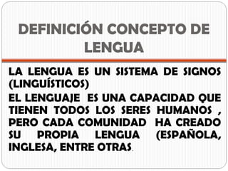 DEFINICIÓN CONCEPTO DE
LENGUA
LA LENGUA ES UN SISTEMA DE SIGNOS
(LINGUÍSTICOS)
EL LENGUAJE ES UNA CAPACIDAD QUE
TIENEN TODOS LOS SERES HUMANOS ,
PERO CADA COMUNIDAD HA CREADO
SU PROPIA LENGUA (ESPAÑOLA,
INGLESA, ENTRE OTRAS.
 