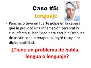 Caso #5:
• Pancracio tuvo un fuerte golpe en la cabeza
que le provocó una inflamación cerebral lo
cual afectó su habilidad para escribir. Después
de asistir con un terapeuta, logró recuperar
dicha habilidad.
¿Tiene un problema de habla,
lengua o lenguaje?
Lenguaje
 