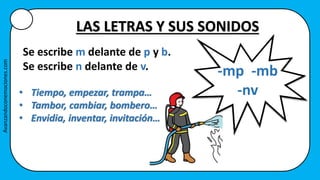Se escribe m delante de p y b.
Se escribe n delante de v.
• Tiempo, empezar, trampa…
• Tambor, cambiar, bombero…
• Envidia, inventar, invitación…
LAS LETRAS Y SUS SONIDOS
-mp -mb
-nv
Avanzandoconemociones.com
 
