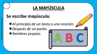 LA MAYÚSCULA
Al principio de un texto o una oración.
Después de un punto.
Nombres propios.
Se escribe mayúscula:
Avanzandoconemociones.com
 