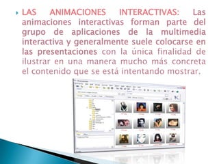 El lenguajemultimedia es un lenguaje nuevo. No consiste en acumular contenidos 	estáticos (textos, fotografías) y dinámicos (sonido, vídeo) en un documento, sino en integrarlos. Su estructura no lineal, la	fragmentación, la navegabilidad, la interactividad, cierto grado de control por parte del usuario son algunas de sus característicasLENGUAJE MULTIMEDIA