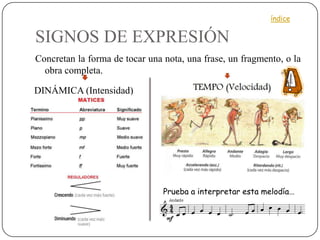 índice


SIGNOS DE EXPRESIÓN
Concretan la forma de tocar una nota, una frase, un fragmento, o la
  obra completa.

DINÁMICA (Intensidad)




                                Prueba a interpretar esta melodía…
 