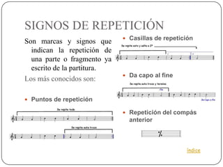 SIGNOS DE REPETICIÓN
                              Casillas de repetición
Son marcas y signos que
  indican la repetición de
  una parte o fragmento ya
  escrito de la partitura.
                              Da capo al fine
Los más conocidos son:

 Puntos de repetición

                              Repetición del compás
                               anterior



                                                  índice
 