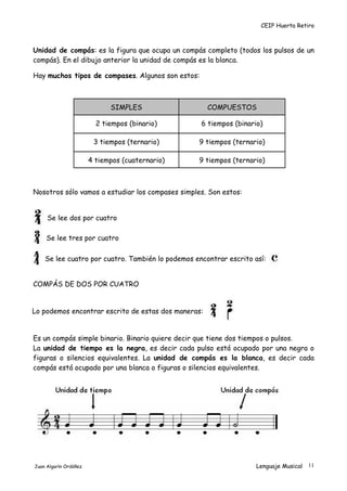 CEIP Huerta Retiro
Unidad de compás: es la figura que ocupa un compás completo (todos los pulsos de un
compás). En el dibujo anterior la unidad de compás es la blanca.
Hay muchos tipos de compases. Algunos son estos:
SIMPLES COMPUESTOS
2 tiempos (binario) 6 tiempos (binario)
3 tiempos (ternario) 9 tiempos (ternario)
4 tiempos (cuaternario) 9 tiempos (ternario)
Nosotros sólo vamos a estudiar los compases simples. Son estos:
Se lee dos por cuatro
Se lee tres por cuatro
Se lee cuatro por cuatro. También lo podemos encontrar escrito así:
COMPÁS DE DOS POR CUATRO
Lo podemos encontrar escrito de estas dos maneras:
Es un compás simple binario. Binario quiere decir que tiene dos tiempos o pulsos.
La unidad de tiempo es la negra, es decir cada pulso está ocupado por una negra o
figuras o silencios equivalentes. La unidad de compás es la blanca, es decir cada
compás está ocupado por una blanca o figuras o silencios equivalentes.
Juan Algarín Ordóñez Lenguaje Musical 11
 