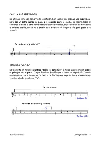 CEIP Huerta Retiro
CASILLAS DE REPETICIÓN
Se utilizan junto con la barra de repetición. Son casillas que indican una repetición,
pero con un salto cuando se pasa a la segunda parte o casilla. Se repite desde el
comienzo o desde la otra barra de repetición enfrentada, repetición que se marca con
la primera casilla, que se va a omitir en el momento de llegar a ella, para pasar a la
segunda.
SIGNO DA CAPO: DC
Está escrito en italiano. Significa "desde el comienzo", e indica una repetición desde
el principio de la pieza. Cumple la misma función que la barra de repetición. Cuando
está asociado con la indicación "a Fine" o “ a Fin” hay que repetir desde el comienzo y
terminar donde se coloque "Fin".
Juan Algarín Ordóñez Lenguaje Musical 15
 