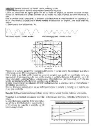 3
Intensidad: permite reconocer los sonidos fuertes, medios y suaves.
Físicamente la intensidad depende de la amplitud de la onda vibratoria
Cuando las vibraciones del agente generador de una nota son amplias, se obtiene un sonido intenso;
cuando las vibraciones del agente generador de esa misma nota son pequeñas, el sonido resultante es
débil.
Si se da un tirón suave a una cuerda, se producirá un cierto número de leves vibraciones por segundo; si se
da un tirón violento, se producirá el mismo número de vibraciones por segundo, pero éstas serán más
amplias.
La intensidad se mide en decibeles, dB




Vibraciones amplias = sonidos fuertes          Vibraciones pequeñas = sonidos suaves




Timbre: es la cualidad que permite reconocer auditivamente el cuerpo sonoro. Dos sonidos de igual altura
e intensidad pueden diferenciarse por su timbre.
Esto se debe a que todo sonido musical es un sonido complejo que puede ser considerado como una
superposición de sonidos simples. De esos sonidos simples, el sonido fundamental de frecuencia ,es el de
mayor intensidad y va acompañado de otros sonidos de intensidad menor y de frecuencia 2 ,3 ,4 ,etc. Los
sonidos que acompañan al fundamental constituyen sus armónicos.
El factor fundamental en la producción del timbre es la presencia o la ausencia, o bien la relativa fuerza y
debilidad de los armónicos.
Depende de muchos factores, entre los que podemos mencionar el tamaño, el formato y/o el material con
el que está construido.

Duración: Distingue los sonidos largos medios y breves. No tiene unidad física de medición, sino musical.

Velocidad: Es el resultado del espacio recorrido y el tiempo por recorrerlo, midiéndose el fenómeno en
m/seg.
La velocidad exacta depende de la temperatura
que afecta la densidad del aire: normalmente es
a 333 metros por segundo o alrededor de 20
kilómetros por minuto.
 