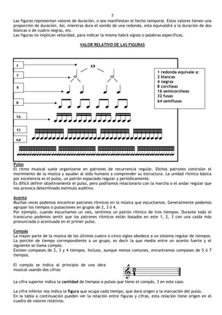 7
Las figuras representan valores de duración, o sea manifiestan el hecho temporal. Estos valores tienen una
proporción de duración. Así, mientras dura el sonido de una redonda, esta equivaldrá a la duración de dos
blancas o de cuatro negras, etc.
Las figuras no implican velocidad, para indicar la misma habrá signos o palabras específicas.

                                    VALOR RELATIVO DE LAS FIGURAS




 1
                                                                              1 redonda equivale a:
 2                                                                            2 blancas
                                                                              4 negras
 4                                                                            8 corcheas
                                                                              16 semicorcheas
                                                                              32 fusas
 8                                                                            64 semifusas


 16


 32

 64




Pulso
El ritmo musical suele organizarse en patrones de recurrencia regular. Dichos patrones controlan el
movimiento de la música y ayudan al oído humano a comprender su estructura. La unidad rítmica básica
por excelencia es el pulso, un patrón espaciado regular y periódicamente.
Es difícil definir objetivamente el pulso, pero podríamos relacionarlo con la marcha o el andar regular que
nos provoca determinado estímulo auditivo.

Acento
Muchas veces podemos encontrar patrones rítmicos en la música que escuchamos. Generalmente podemos
agrupar los tiempos o pulsaciones en grupos de 2, 3 ó 4.
Por ejemplo, cuando escuchamos un vals, sentimos un patrón rítmico de tres tiempos. Durante todo el
transcurso podemos sentir que los patrones rítmicos están basados en este 1, 2, 3 con una caída más
pronunciada o acentuada en el primer pulso.

Compás
La mayor parte de la música de los últimos cuatro o cinco siglos obedece a un sistema regular de tiempos.
La porción de tiempo correspondiente a un grupo, es decir la que media entre un acento fuerte y el
siguiente se llama compás.
Existen compases de 2, 3 y 4 tiempos. Incluso, aunque menos comunes, encontramos compases de 5 ó 7
tiempos.

El compás se indica al principio de una obra
musical usando dos cifras:

La cifra superior indica la cantidad de tiempos o pulsos que tiene el compás, 3 en este caso.

La cifra inferior nos indica la figura que ocupa cada tiempo, que dará origen a la marcación del pulso.
En la tabla a continuación pueden ver la relación entre figuras y cifras, esta relación tiene origen en el
cuadro de valores relativos.
 