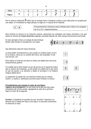 8

   Cifra          1            2            4           8              16    32          64

  Figura


Por lo tanto la indicación indica que el compás tiene 3 tiempos o pulsos y que cada pulso es ocupado por
una negra. El 4 simboliza la negra porque la negra es 1/4 parte de la redonda.

                                        Frecuentemente utilizamos estos símbolos para indicar los compases
                                        de 4/4 y 2/2 respectivamente.

Para facilitar la lectura en la notación musical, separamos los compases con líneas verticales a las que
damos el nombre de líneas divisorias o barras colocadas delante de cada tiempo fuertemente acentuado

En este ejemplo vemos un compás de dos tiempos
donde cada tiempo es ocupado por una negra.



Hay diferentes tipos de líneas divisorias

La línea doble normalmente se usa cuando un cambio mayor ocurre
en la música, como ser un cambio del metro, de tonalidad, fin de
una sección, etc.

Para indicar el final de una obra se utiliza una doble barra de otras
características gráfica

Si la doble barra tiene tienen un par de puntos en la izquierda indica
que la música será repetida, ya sea desde una doble barra que tiene
un par de puntos a su derecha o desde el principio si no hubiera
ninguna doble barra.

La repetición se puede dar con distintos finales que se indican
casilla 1 y casilla 2, salteando la primera para finalizar la música


Procedimientos para alargar el valor de una figura:
Ligadura de prolongación: es una línea curva que une dos notas
inmediatas del mismo sonido, agregando al valor de la primera
figura el valor de la segunda.




Puntillo: si añadimos un puntillo (es una “puntito” colocado a la
derecha de la cabeza de nota) a una figura, su duración aumentará
la mitad de su valor.
 