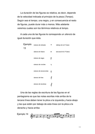 13
La duración de las figuras es relativa, es decir, depende
de la velocidad indicada al principio de la pieza (Tempo).
Según sea el tempo, una negra, y en consecuencia el resto
de figuras, puede durar más o menos. Más adelante
veremos cuales son los términos relativos al tempo.
A cada una de las figuras le corresponde un silencio de
igual duración que ésta.
Ejemplo
13
Una de las reglas de escritura de las figuras en el
pentagrama es que las notas escritas más arriba de la
tercera línea deben tener la plica a la izquierda y hacia abajo
y las que estén por debajo de esta línea con la plica a la
deracha y hacia arriba:
Ejemplo 14
 